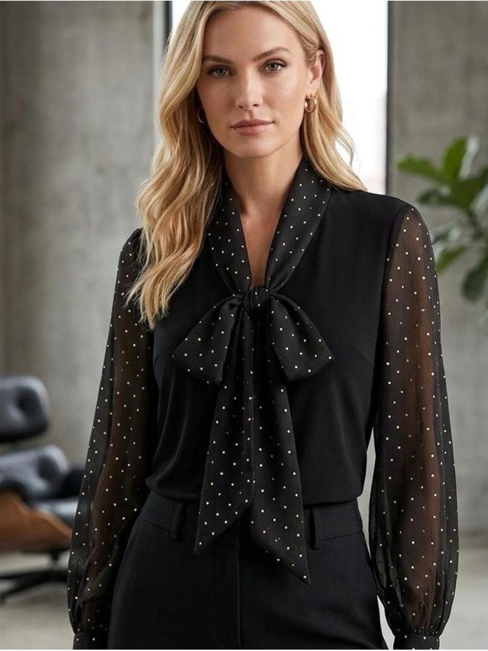 Vince Camuto Black Bow-Tie Blouse with Gold Dots
